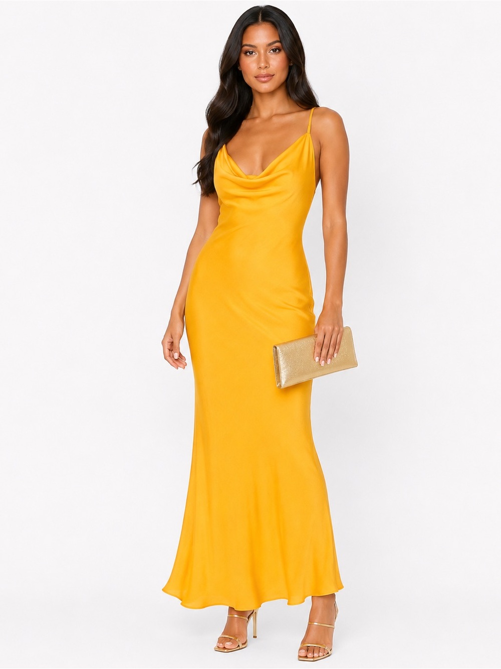 Mango Yellow Satin Cowl Neck Backless Maxi Dress XS